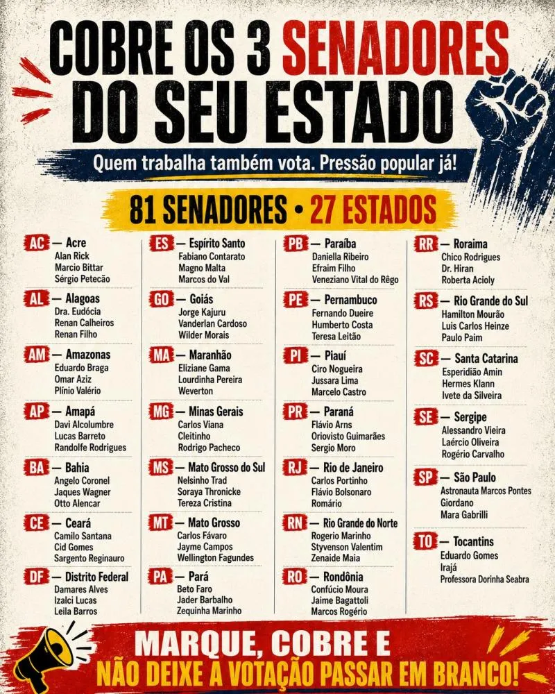 COBRE OS 3 SENADORES DO SEU ESTADO